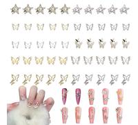 3D Butterfly Nail Charms,50PCS Mixed Shapes Butterfly Metal Nail Gems,Star Gold Silver Nail Art Charms Luxury Butterfly Nail Art Decorations for Nail Design DIY Crafts (Gold Silver 50PCS)