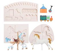3D Carousel Horse Silicone Molds 3 Pcs, Circus Fondant Mold for Cake Decoration, Candy Sugar Cupcake Topper Cake Pop Popsicle, Baby Shower Birthday Party, Polymer Clay Crafts Chocolate