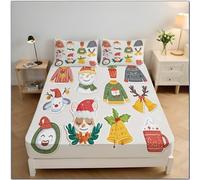 3D Cartoon Holiday Elements Fitted Sheet With 2 Pillowcases Snowman Face Bell Illustration Bedding Set 30cm Deep 120×190 cm for Small Double Size Sheets Beige Soft Fade Resistant Bedroom Decor
