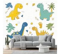 3D Cartoon Wall Mural Wallpaper Non-Woven for Living Room, Bedroom, Children's Room - Large Photo Wallpaper for Tv Background,Dining Room Colorful Dinosaurs Coconut Trees 400 X 280 Cm