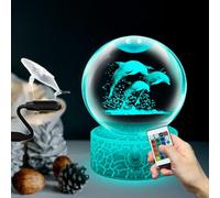 3D Carving Dolphin Model Playing 80mm Crystal Ball Premium Glass Ornaments Night Light with Adjustable Remote/Base Bright 16 Color Table Lamp Gift for Children Students Decorative Lamp USB Powered
