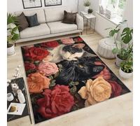 3D Cat Area Rug - 100 x 150, Oil Red Rose Animal Rugs for Bedroom, Stain Resistant Washable Non Slip, Romance Style, Black and White Kitten Theme, Soft Low Pile Rectangle Carpet