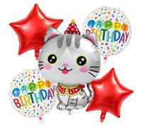 3D Cat Birthday Foil Animal Balloons Set,Cute Grey Tabby Kitten 5Pcs | 18" Happy Birthday Transparent Confetti Round Balloon & Red Star Balloon, Kids Pet Themed Party Decor Supplies for Girls Boys