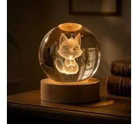3D Cat Crystal Ball Night Light - 3.15 Inch K9 Crystal Glass Sphere with Solid Wood Base, 3-Colour Dimmable LED Bedside Lamp, Cute Cat Gifts for Girls & Women, Decorative Mood Light for Bedroom