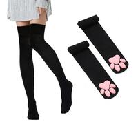 3D Cat Paw Thigh High Socks, Black Cute Kitten Claw Toe Beans Stockings, Kawaii Cosplay Knee High Socks For Women Girls