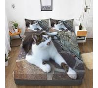 3D Cat Single Fitted Sheet Cute Animals Printed Bed Sheets 30 cm Deep Fitted Sheets Soft Microfiber Bedding 90x190 cm with 2 Pillowcases for kids and aldults C.L136