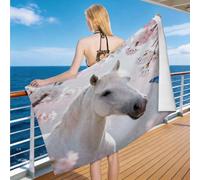 3D Cherry Blossom White Horse Microfibre Extra Large Beach Towel for Adults, Lightweight Absorbent Quick Dry Sand Resistant for Travel, Swimming, Pool, Sports and Outdoor Holiday, 100 x 200 cm