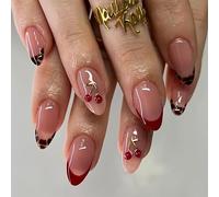 3D Cherry Press on Nails Red French Tips False Nails