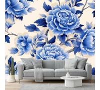 3D Chinese Flowers Wall Mural Wallpaper Non-Woven for Living Room, Bedroom, Children's Room - Large Photo Wallpaper for Tv Background,Dining Room Blue Peony Flowers and Leaves 250 X 175 Cm