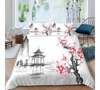 3D Chinese Landscape Double Duvet Cover Ink Painting Bedding Double Bed Set Soft Breathable Microfibre Quilt Cover 200x200 with Zipper Closure and 2 Pillowcases A-5485
