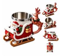 3D Christmas Mug with Reindeer Handle & Santa Sleigh, 16oz Stainless Steel Resin Novelty Coffee Tea Cup, 13x13cm Festive Secret Santa Gift, Holiday Decor Present for Home Office Desk
