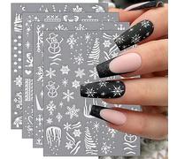 3D Christmas Nail Stickers, 4 Sheets 5D Self-Adhesive Embossed Nail Decal Snowflakes White Nail Art Decoration Design Supplies