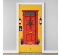 3D Christmas Wreath on Red Door Door Sticker, Pot Plant Yellow Wall Mural, Retro Wallpaper Self-Adhesive Removable PVC Door Decal for Bedroom Living Room Home Decor Wall Murals 85x215 cm P5j52