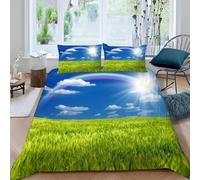 3D Clouds Rainbow Sunshine Single Duvet Cover Set Green Wheat Fields Single Bedding Sets Warm Comfort Microfiber Quilt Cover 135x200 cm with 2 Pillowcases for Boys Girls Bedroom D-151