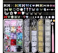 3D Color Nail Art Charms, Bows Flower Nails Charm, Flatback Pearl and Rhinestone Kit, Mixed Gold Silver Caviar Nail Beads Pearls Gems Bedazzling Kit for DIY Crafts Manicure Accessories