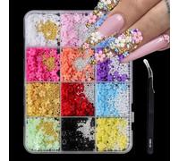 3D Colorful Flower Nail Art Charms 12 Color Cherry Blossom Spring Petal Metal Gold Silver Pearl Rhinestones for Nail Art DIY Decoration with Pickup Tools