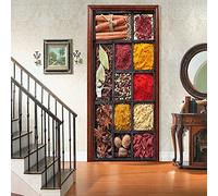 3D Colorful Spice Herbs Door Stickers Self-Adhesive Posters Wallpapers Murals Art Wall Stickers Photo 90 X 210 Cm PVC Removable Door Decoration for Living Room Bedroom Bathroom Kitchen Office