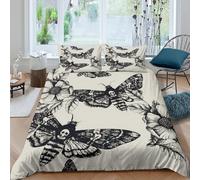 3D Com4table Microfibre Skull moth Comforter Cover Easy Care Bedding Set w/ Pillowcases Black & white sketch style Bedding Quilt Cover All Season Soft Washable Boys Girls Kids Super king（260x220cm）