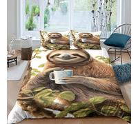 3D Comfortable Microfiber Cute sloth holding cup Bed Quilt Cover All Season Bedding Set with Pillow Shams Cartoon animal Duvet Cover Set Easy Care Machine Washable for Bedroom Decor Double（200x200cm）