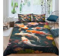 3D Comfortable Microfiber Koi fish pond Bed Quilt Cover All Season Bedding Set with Pillow Shams Nature garden art Duvet Cover Set Easy Care Machine Washable for Bedroom Decor Super king（260x220cm）