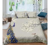 3D Comfortable Microfiber Peacock in bloom Bed Quilt Cover All Season Bedding Set with Pillow Shams Asian ink painting Duvet Cover Set Easy Care, Washable for Bedroom Decor Super king（260x220cm）