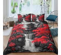 3D Comfortable Microfibre Autumn Trees Duvet Cover All Season Bedding Set w/ Pillow Cases Japanese Temple Landscape Duvet Cover Set Easy Care Breathable Washable for Bedroom Decor Double（200x200cm）