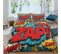 3D Comfortable Microfibre Comic sound effects Comforter Cover Easy Care Bedding Set w/ Pillowcases Vintage cartoon Bedding Quilt Cover All Season Soft Washable for Boys Girls Kids Single（140x200cm）
