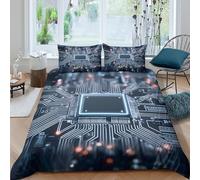 3D Comfortable Microfibre Electronic chip Duvet Cover All Season Bedding Set w/ Pillow Cases Tech circuit board Duvet Cover Set Easy Care Breathable Washable for Bedroom Decor Double（200x200cm）