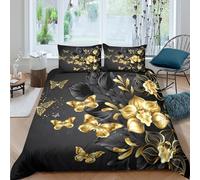 3D Comfortable Microfibre Golden butterflies Duvet Cover All Season Bedding Set w/ Pillow Cases Ornamental floral Duvet Cover Set Easy Care Breathable Washable for Bedroom Decor Single（140x200cm）