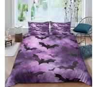 3D Comfortable Microfibre Halloween bats Bedding Quilt Cover Easy Care Bedding Set with Pillow Shams Purple spooky design Comforter Cover All Season Washable for Bedroom Decor Double（200x200cm）