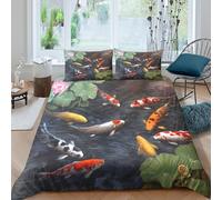 3D Comfortable Microfibre koi fish pond Bedding Quilt Cover All Season Bedding Set with Pillow Cases Asian garden style Duvet Cover Sets All Season Machine Washable for Men Women Kids King（220x240cm）