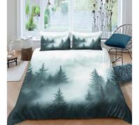 3D Comfortable Microfibre Misty forest scene Quilt Cover Breathable Bedding Sets with Matching Pillowcase Watercolor nature art Duvet Cover Set All Season Washable for Couples Double（200x200cm）