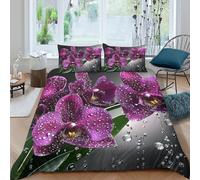 3D Comfortable Microfibre Purple orchid Bedding Quilt Cover All Season Bedding Set with Pillow Cases Floral art design Duvet Cover Sets All Season for Men Women Kids Single（140x200cm）