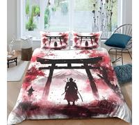 3D Comfortable Microfibre samurai warrior Comforter Cover All Season Bedding Set w/ Pillow Cases Japanese Style_ Duvet Cover Set Easy Care Breathable Washable for Bedroom Decor Single（135x200cm）