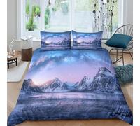 3D Comfortable Microfibre Winter l&scape Comforter Cover Easy Care Bedding Set w/ Pillowcases Snowy mountain scenery Bedding Quilt Cover All Season Soft Washable for Boys Girls Kids Single（135x200cm）