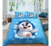 3D Comfy Microfiber Cute penguin Duvet Cover All Season Bedding Sets with Pillowcases Cartoon animated style Quilt Cover Set Breathable Easy Care, Washable for Bedroom Decor Super king（260x220cm）
