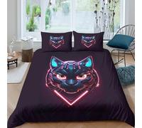 3D Comfy Microfiber cyber cat mask Duvet Cover All Season Bedding Sets with Pillowcases neon tech style Quilt Cover Sets Breathable Easy Care Machine Washable for Bedroom Decoration Double（200x200cm）