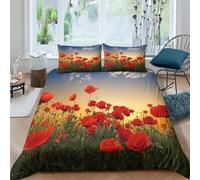 3D Comfy Microfiber Red poppies field Duvet Cover All Season Bedding Set with Pillow Cases Nature style Comforter Cover Breathable Easy Care Machine Washable for Bedroom Decor Super king（260x220cm）