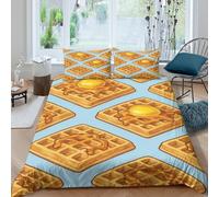 3D Comfy Microfiber Waffle breakfast Duvet Cover All Season Bedding Sets with Pillowcases Cartoon food illust Quilt Cover Set Breathable Easy Care Machine Washable for Bedroom Decor Single（140x200cm）