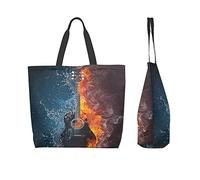 3d Cool Acoustic Guitar in Fire and Water Print Tote Bag for Women Ladies Handbags Shoulder Bags For Work Beach Travel Shopping