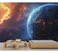 3D Cosmic Planet Wall Mural Fiery Nebula Wall Murals Blue Planet Wallpaper Sci-Fi Space Living Room Mural Milky Way Meteor Starry Sky Wallpaper for Bedroom 400 x 280 cm