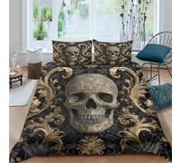 3D Cosy Microfiber Gothic skull Quilt Cover Machine Washable Bedding Set with Pillow Cases Baroque ornate design Duvet Cover Sets Easy Care Breathable All Season for Bedroom Decor King（220x240cm）