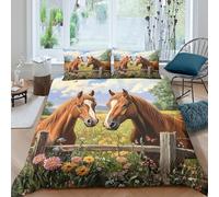 3D Cosy Microfiber Horses in field Quilt Cover Bedding Set with Pillow Cases Pastoral landscape art Duvet Cover Set Easy Care Breathable All Season for Bedroom Decor Single（135x200cm）