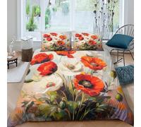 3D Cosy Microfiber Red poppies bouquet Quilt Cover Washable Bedding Set with Pillow Cases vibrant floral paint Duvet Cover Set Easy Care Breathable All Season for Bedroom Decor Single（135x200cm）