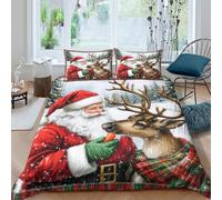 3D Cosy Microfiber Santa Claus feeding Comforter Cover Easy Care Bedding Set w/ Pillowcase Christmas reindeer Bedding Quilt Cover All Season Breathable Washable for Bedroom Decor Single（140x200cm）