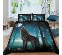 3D Cosy Microfiber Wolf howling Duvet Cover Set Easy Care Bedding Set with Pillow Shams Night forest Style Bed Quilt Cover All Season Breathable Machine Washable for Bedroom Decor Single（140x200cm）