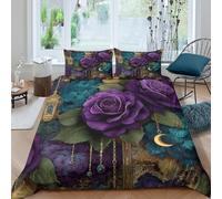 3D Cosy Microfibre Purple roses Bed Quilt Cover Skin-Friendly Bedding Set w/ Pillow Cases Victorian floral design Comforter Cover All Season Easy Care, Washable for Bedroom Decor Double（200x200cm）