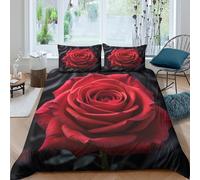 3D Cosy Microfibre Red rose bloom Bed Quilt Cover Skin-Friendly Bedding Set w/Pillow Cases Floral art design style Comforter Cover All Season, Easy Care, Washable Bedroom Decor Super king（260x220cm）