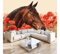 3D Countryside Flower Fields Horses Non-Woven Wallpaper Mural 300 x 210 cm, Beige Large Wall Coverings, Paste the Wall for Girls Boy Bedroom Nursery Teenagers Playroom Home Decor