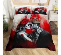 3D Couple Skull Comforter Cover Single,Romantic Gothic Lover Duvet Cover,Rose Wedding Valentine'S Day Bedding Set Horror Red Blood Print Quilt Cover for Adults